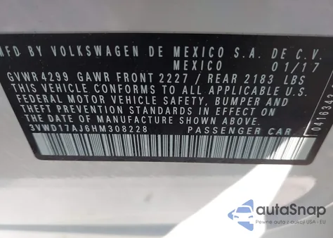 2017 Volkswagen Jetta 1.8T Sport z USA, uszkodzony, nr VIN 3VWD17AJ6HM308228